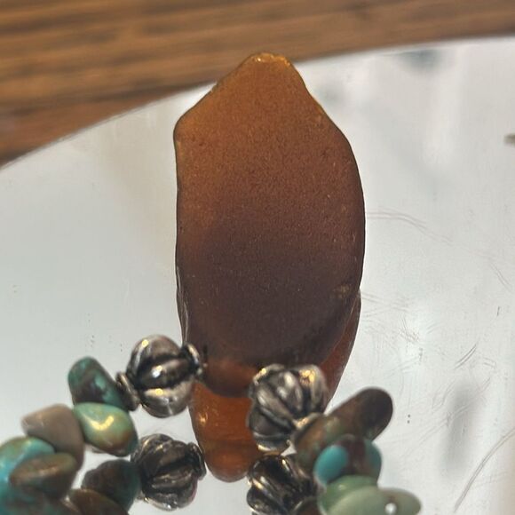 C1929-1930 rare dark brown sea glass turquoise and sterling silver necklace - Picture 5 of 8